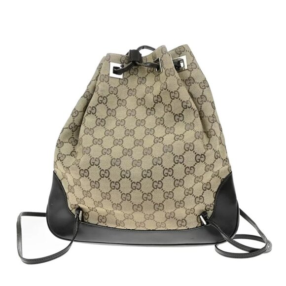 GUCCI Logo GG Pattern Drawstring Backpack Bag Canvas Leather Brown SHW Italy - Picture 1 of 15